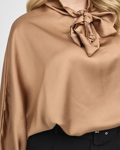 Blouse longue en satin marron pour femme avec lien - Vêtements