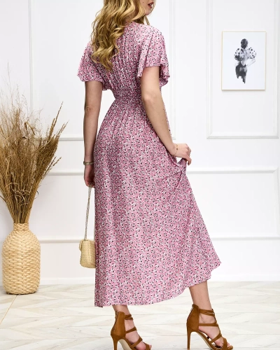 Robe midi rose à fleurs pour femme - Vêtements