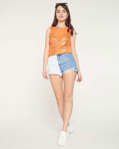 Top femme orange avec imprimé ailes dorées - Vêtements
