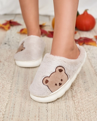Royalfashion Pantoufles en fourrure pour femme avec ours en peluche en gris clair Fetemes