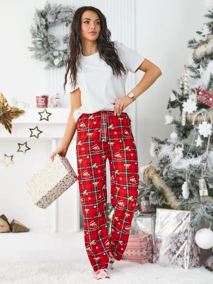 Pyjama Polaire Femme Hiver Pyjama Femme Hiver Micropolaire 2 Pièces - Carreaux Cerf De Noël | Chaud Et Doux Pyjama Chaud Noël