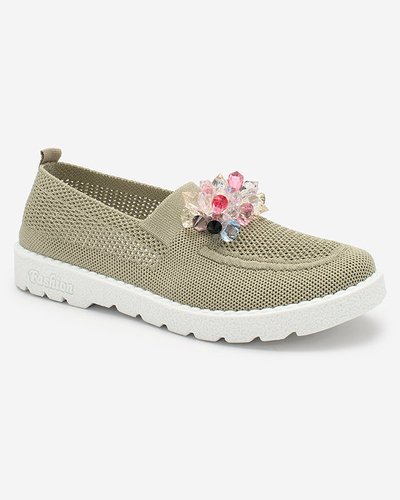 Royalfashion Mocassins en tissu kaki pour femme avec cristaux Fezens