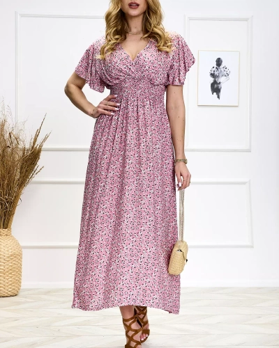 Robe midi rose à fleurs pour femme - Vêtements