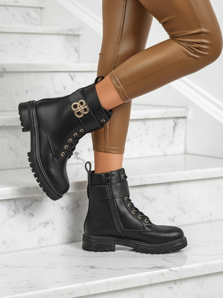 Bottines en cuir Artemisia Nero à bout rond avec fermeture éclair et boucle dorée