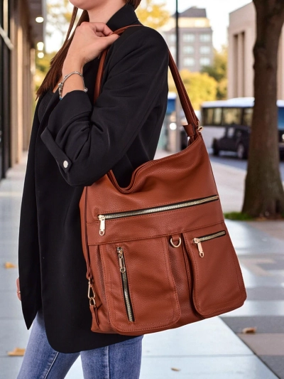 Sac à Main Femme Aurelia Cabas Camel Grand Format A4 en Cuir Écologique à l'Épaule et à la Main