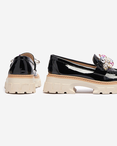 Mocassins pour femmes laqués noirs avec ornement Leliab- Footwear