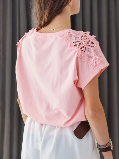 T-shirt en coton pour femmes Royalfashion avec manches en dentelle