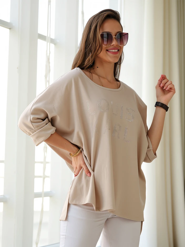 Blouse en viscose Royalfashion pour femmes avec inscription en strass