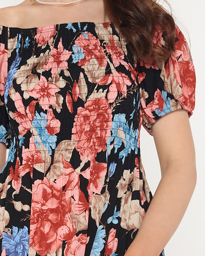 Mini-robe noire pour femme avec fleurs et dos ouvert - Vêtements