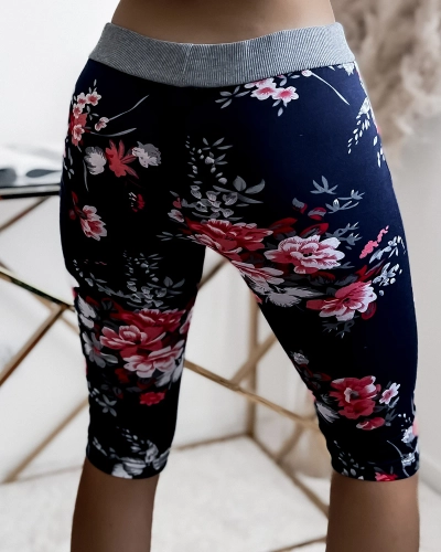Short 3/4 femme bleu marine à fleurs rouges GRANDES TAILLE - Vêtements