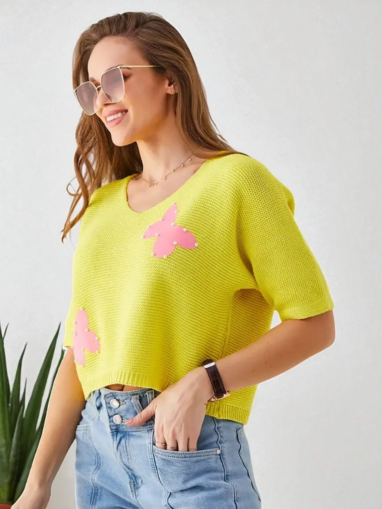 Pull court en coton pour femmes Royalfashion avec des papillons