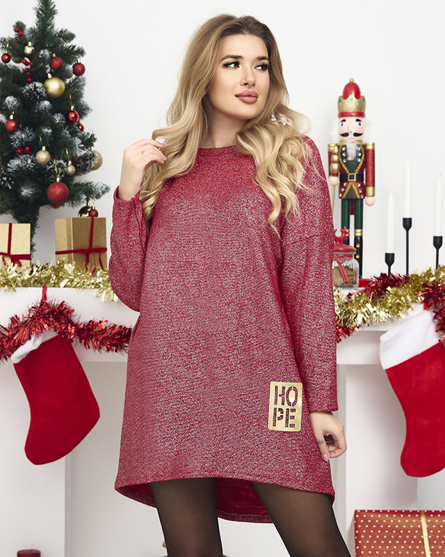 Robe rouge pour femmes avec fil argenté et bas asymétrique - Vêtements