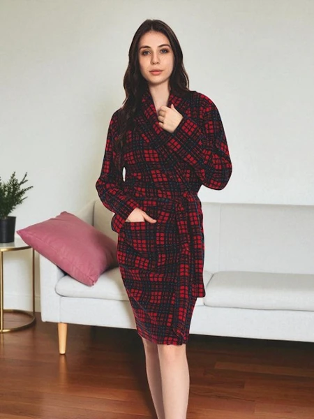 Robe de chambre femme rouge et bleu marine - Habillement