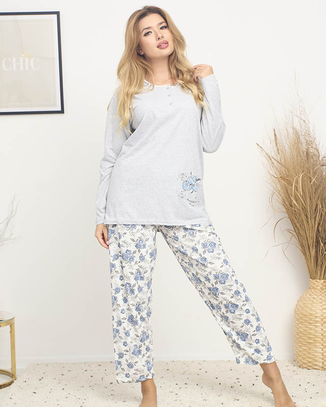 Pyjama pour femmes avec imprimé floral en gris-bleu TAILLE PLUS- Vêtements