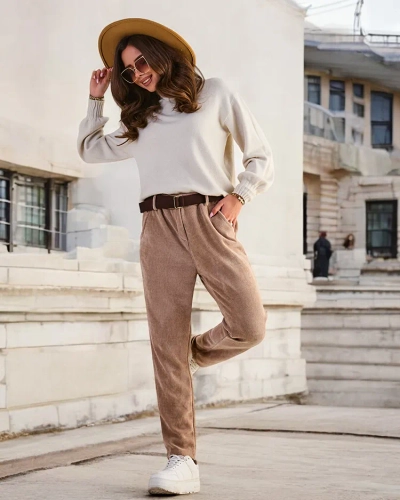 Royalfashion Pantalon simple pour femme en velours côtelé