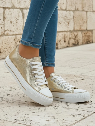Aurelia Italia baskets dorées pour femmes sur plateforme tissu printemps été