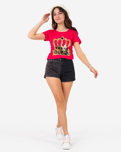 T-Shirt Femme Fuchsia avec Couronne et Paillettes - Vêtements