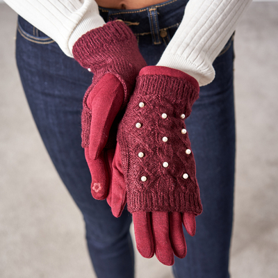 Mitaines femme bordeaux avec perles - Mitaines