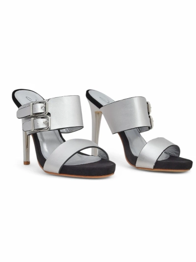Sandales Aletheia argentées à talon aiguille 12cm en cuir écologique à brides