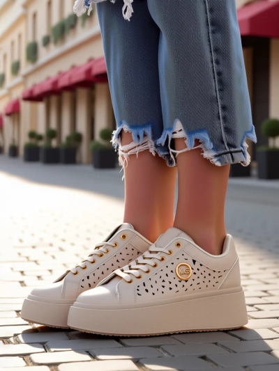 Sneakers Écrues à plateforme pour femmes Boreas Royalfashion en cuir écologique