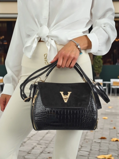 Sac à main noir pour femmes Vespera Classico cuir écologique suédé et verni
