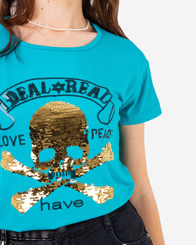 T-shirt femme bleu à paillettes avec inscriptions - Vêtements
