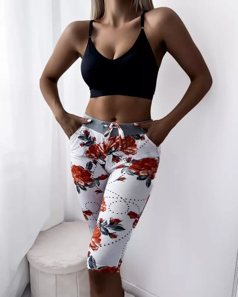 Short femme blanc 3/4 avec fleurs rouges GRANDE TAILLE - Vêtement