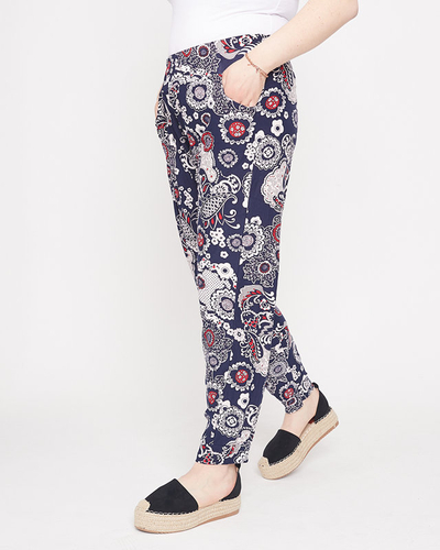 Pantalon femme bleu marine et blanc à motifs - Habillement