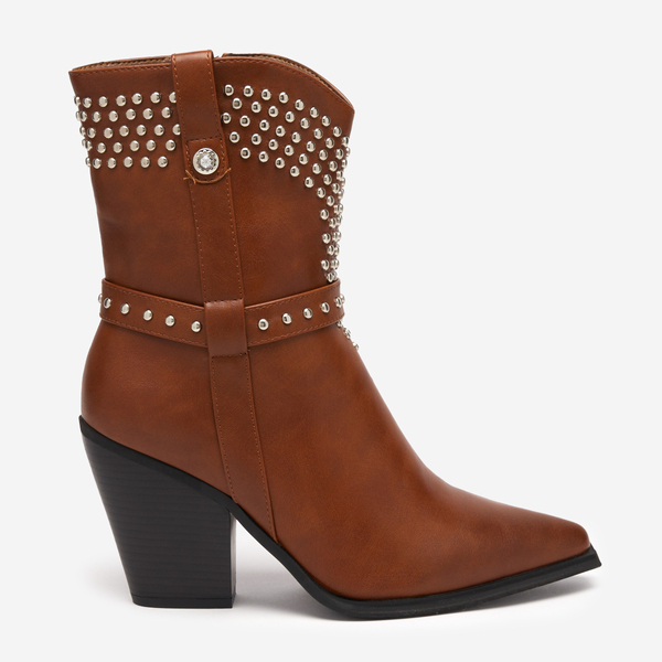 OUTLET Bottes de cow-boy camel sur tige haute avec strass Loulur- Footwear