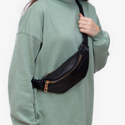 Sac banane femme en brocart noir avec fermeture éclair dorée - Accessoires