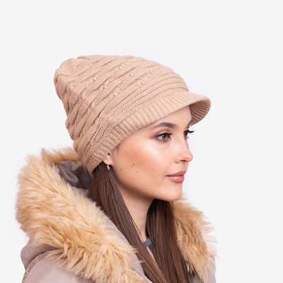 Bonnet chaud femme beige avec perles - Accessoires