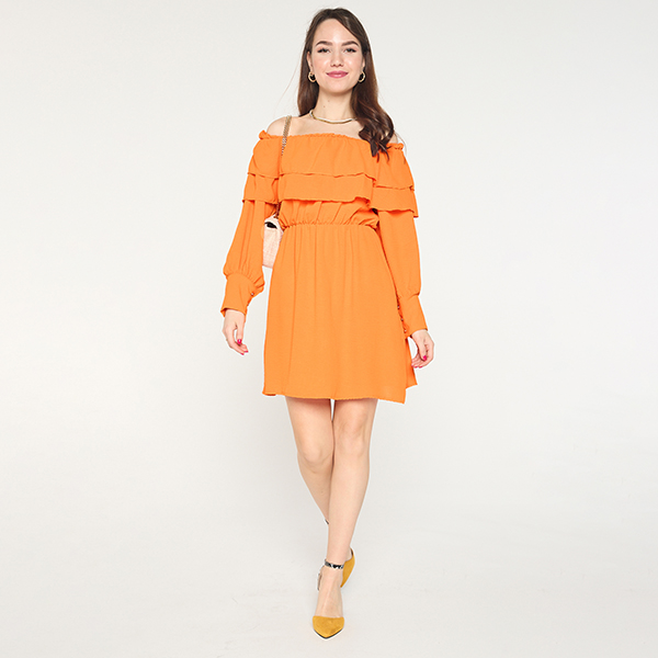 Robe courte orange à volants pour femme - Vêtements