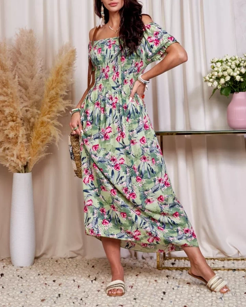 Robe midi à fleurs vertes pour femme - Vêtements