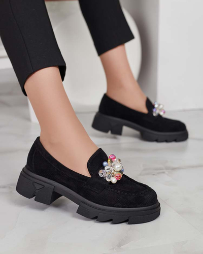 Royalfashion Mocassins noirs pour femme avec cristaux colorés Glam