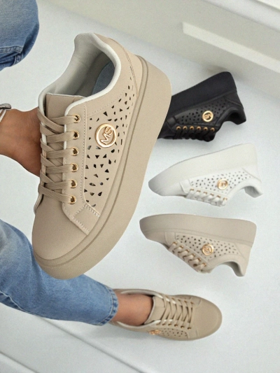 Cleo Ecru Platino – sneakers beiges à plateforme Royalfashion en cuir écologique