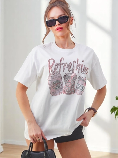 T-shirt en coton Royalfashion pour femmes avec imprime en strass