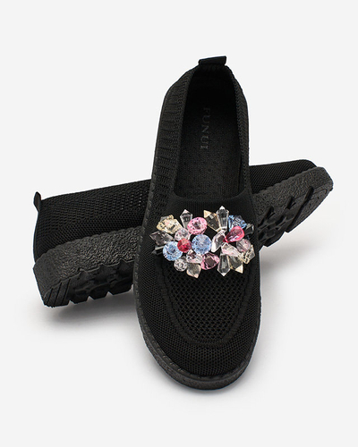 Royalfashion Mocassins en tissu noir pour femme avec cristaux Fezens