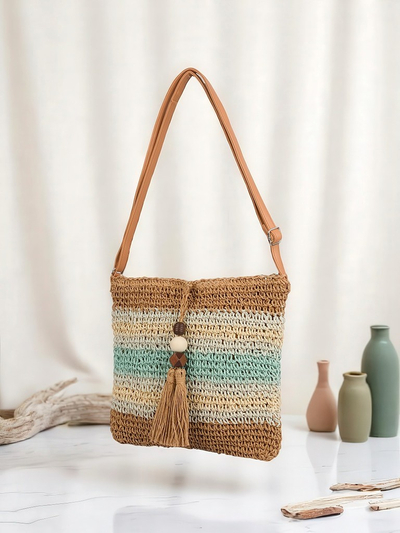 Royalfashion Petit sac en paille pour femme, rayé, orné d’un charm Mini