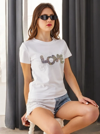 Royalfashion T-shirt en coton pour femmes LOVE avec strass