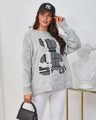 Royalfashion Pull femme gris avec ours en peluche
