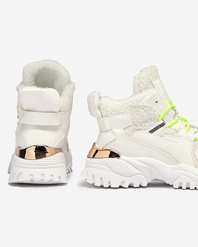 Chaussures de sport blanches pour femmes avec fourrure et lacets vert fluo Sagglo- Footwear