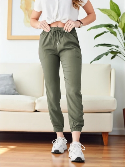 Pantalon Long Raffaello Kaki En Tissu Lyocell
