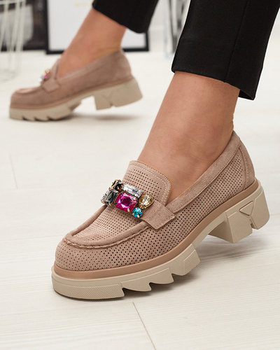 Mocassins pour femmes ajourés marron clair avec ornement Bokkso- Footwear