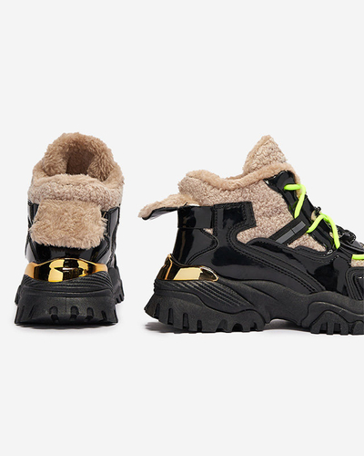 Chaussures de sport noires pour femmes avec fourrure et lacets jaune fluo Adbo- Footwear