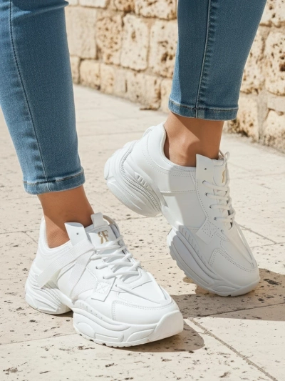 Baskets blanches pour femmes Arete en cuir écologique, talon plat, collection printemps