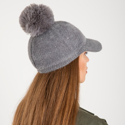 Bonnet femme gris orné d'un pompon et de sequins - Bonnets