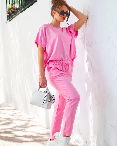 Ensemble en coton Royalfashion pour femmes avec des manches courtes et un pantalon droit