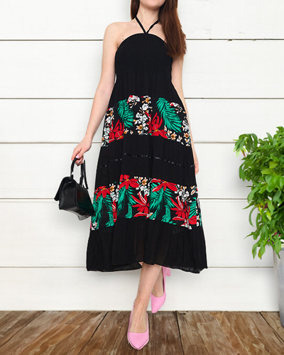 Robe midi fleurie noire femme - Vêtements