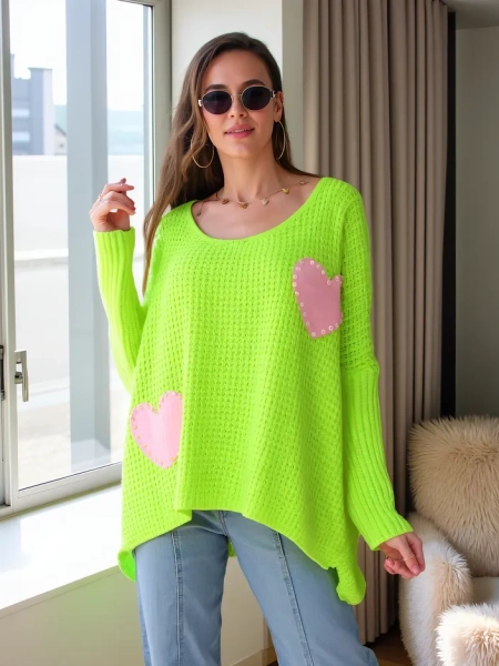 Royalfashion Pull en acrylique pour femmes avec cœurs surdimensionné