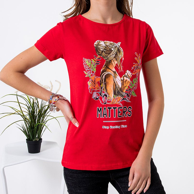T-shirt femme en coton rouge à imprimé - Vêtements